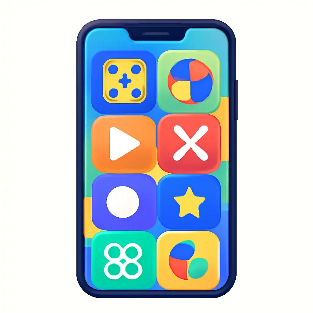 Smartphone shown from the front displaying a colourful flat layout of abstract game icons and rounded tiles (no text, no letters, no labels), Daman Game