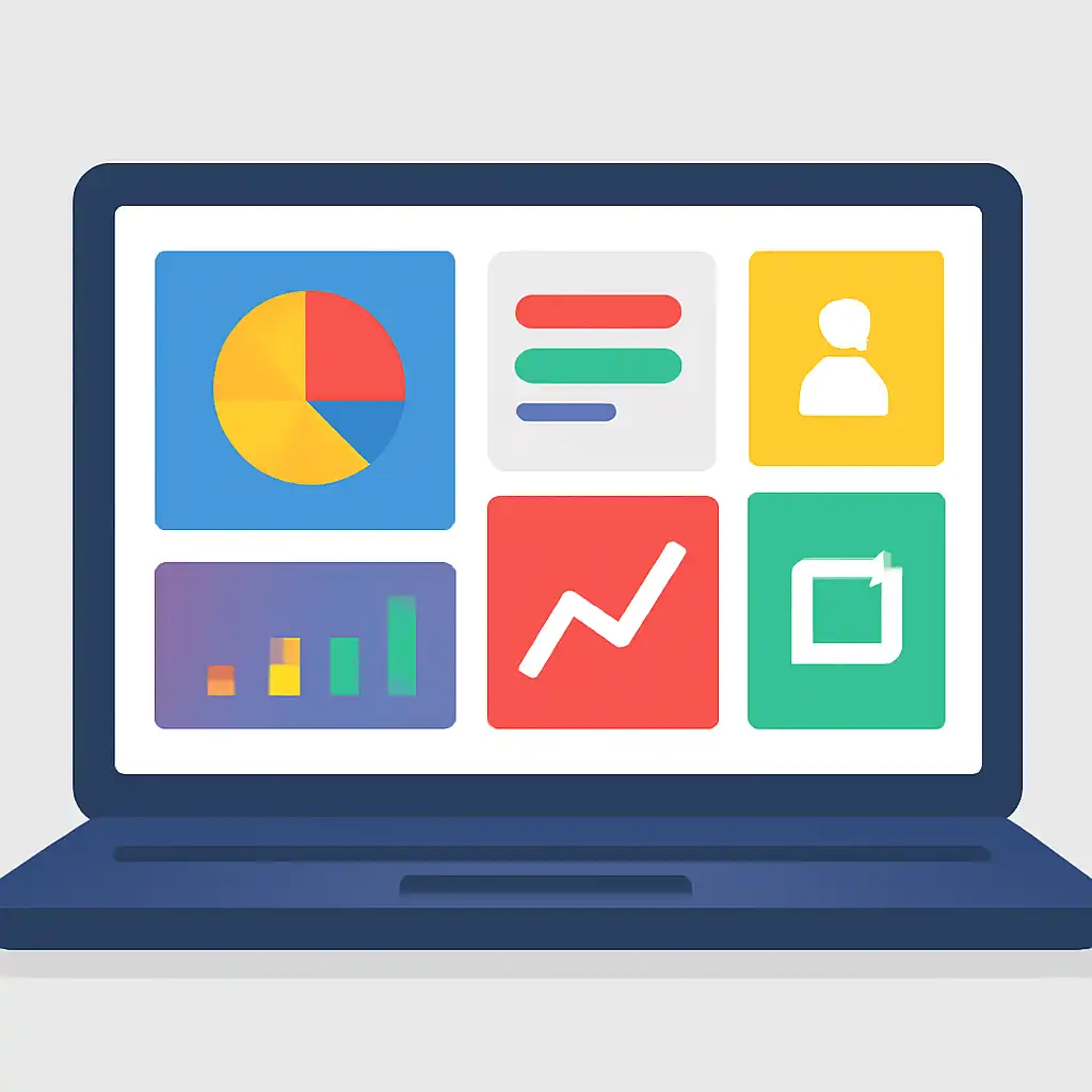 Laptop shown from the front displaying a colourful flat dashboard of abstract charts, bars and icon tiles (no text, no letters, no labels), Daman Game