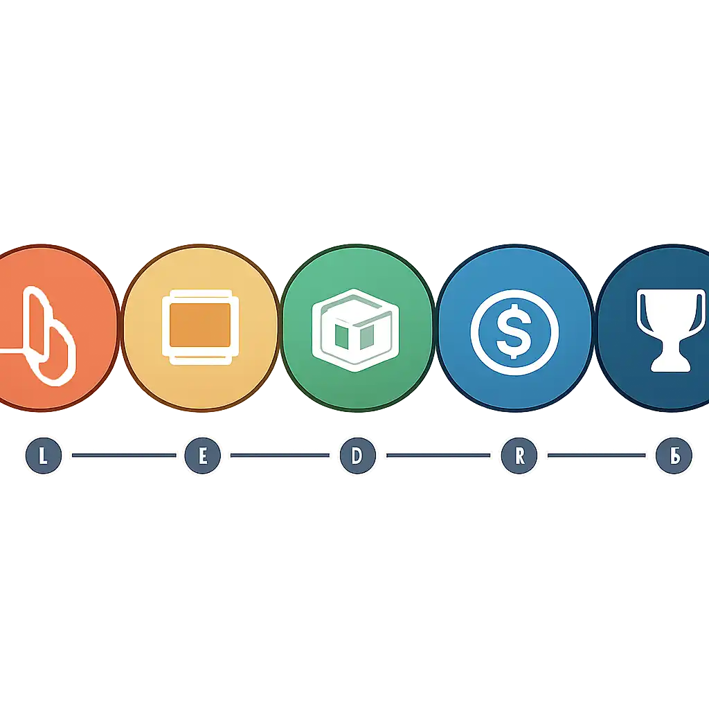 Five numbered circular icons connected by arrows in a horizontal flow, flat illustration, icons only, no words, Daman Game steps