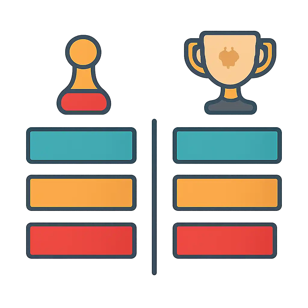 Infographic comparing options using coloured bars and icons only, no text or labels, flat design, Daman Game